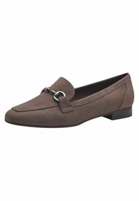 Ruske nubuk loafers s zaobljenim vrhom, dekorativnim metalnim akcentom i niskim potplatom za stabilnost. Glatka tekstura i minimalistički dizajn.