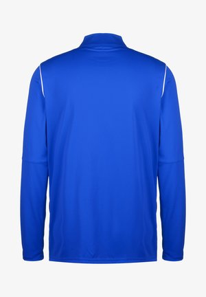 Langärmliger Pullover in leuchtendem Blau, aus glattem Stoff gefertigt. Verfügt über einen Kragen und weiße Akzentlinien entlang der Schultern.