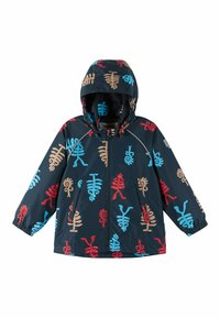 Veste marine résistante à l'eau avec capuche, motifs abstraits colorés en rouge, bleu et beige, poignets élastiques et poches avant.