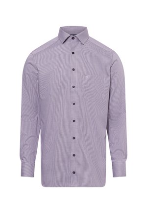 Herrenhemden mit langen Ärmeln, helllila mit kleinem Karomuster, Brusttasche und spitzem Kragen.