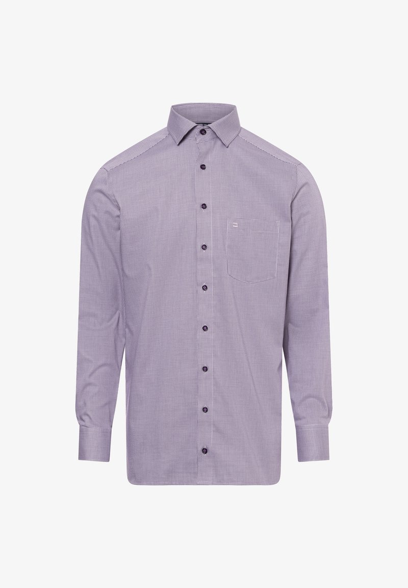 Chemise pour hommes à manches longues avec boutons, de couleur violet clair avec un petit motif à carreaux, poche poitrine et col pointu.