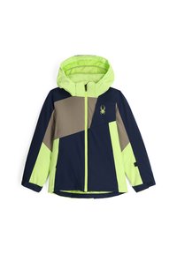Bunte Jacke mit einer Mischung aus marineblauen, leuchtend grünen und sandfarbenen Einsätzen, mit Kapuze und einem Spinnenlogo auf der Brust.
