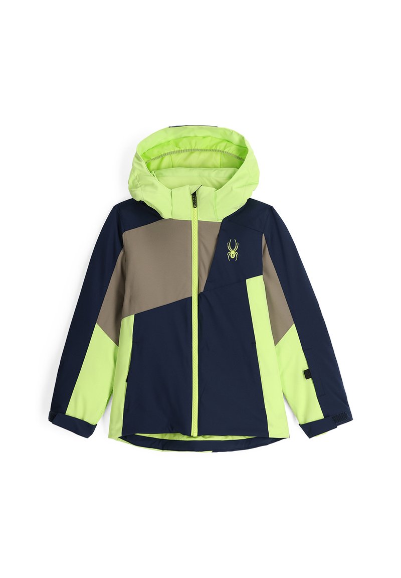 Bunte Jacke mit einer Mischung aus marineblauen, leuchtend grünen und sandfarbenen Einsätzen, mit Kapuze und einem Spinnenlogo auf der Brust.