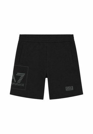 Sorte EA7 Emporio Armani shorts med elastisk talje, sidelommer og trykte logoer på venstre ben og foran højre kant.