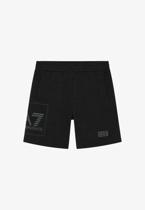 Shorts neri EA7 Emporio Armani con vita elastica, tasche laterali e loghi stampati sulla gamba sinistra e sull'orlo anteriore destro.