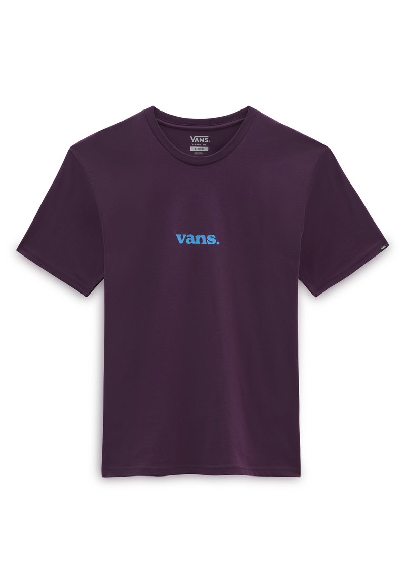 Camiseta de algodón de color púrpura oscuro con cuello redondo y mangas cortas, con un logotipo "vans." azul contrastante centrado en el pecho.