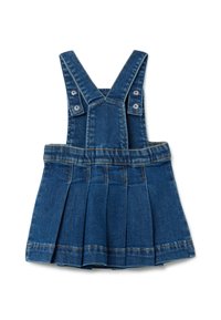 Vestito da salopette in denim con gonna plissettata, colore blu, spalline regolabili e dettagli in metallo sui bottoni delle spalle.
