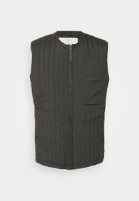 Ciemnoszara, bezrękawnik pikowany z pionowym przeszyciem, z zamkiem błyskawicznym z przodu i kieszenią na lewej piersi. Gładka tekstura, casualowy fason.