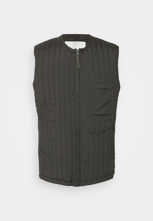 Tummanharmaa, hihaton päällikköliivi, jossa on pystysuora ompelu, etuvetoketju ja vasemmassa rinnassa tasku. Sujuva pinta, yksinkertainen muotoilu.