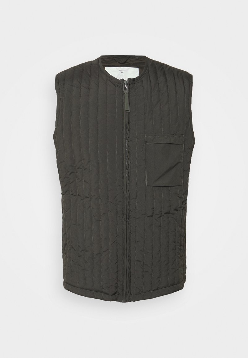 Ciemnoszara, bezrękawnik pikowany z pionowym przeszyciem, z zamkiem błyskawicznym z przodu i kieszenią na lewej piersi. Gładka tekstura, casualowy fason.