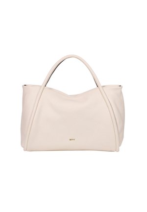 White leather handbag with a smooth texture, featuring a rounded shape and two top handles. Small gold logo on the front.