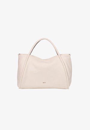 White leather handbag with a smooth texture, featuring a rounded shape and two top handles. Small gold logo on the front.