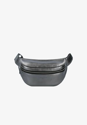 Leather fanny pack in dark gray with a rounded shape, featuring a top zip closure and adjustable strap, embossed logo on the front.