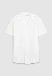 Camicia a maniche corte, colletto, in lino bianco. Presenta una chiusura con bottoni sul davanti, una vestibilità comoda e una texture minimale.