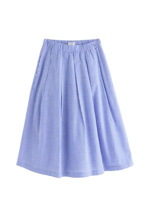 Sinivalkoruutuinen midihame, jossa on joustava vyötärönauha ja kerätyt laskokset, valkoisella taustalla.