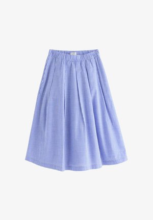 Sinivalkoruutuinen midihame, jossa on joustava vyötärönauha ja kerätyt laskokset, valkoisella taustalla.