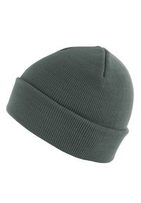 Căciulă tricotată de culoare verde închis, cu manșetă răsucită, textură moale și design cu vârful rotunjit. Potrivită pentru vreme rece.