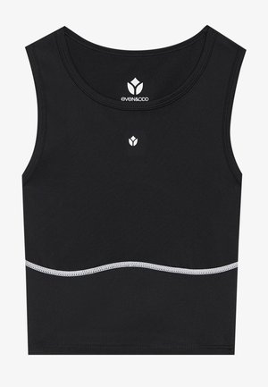 Schwarzes ärmelloses Crop-Top aus elastischem Stoff. Hat einen runden Ausschnitt und ein wellenförmiges silbernes Detail am Saum. Markenlogo auf der Vorderseite.