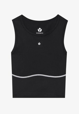 Top cropped preto sem mangas feito de um tecido elástico. Apresenta uma gola arredondada e um detalhe prateado ondulado perto da bainha. Logótipo da marca na frente.