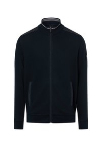 Granatowa kurtka na zamek z wysokim kołnierzem, bocznymi kieszeniami i ściągaczami na mankietach. Charakterystyczne kontrastowe detale na ramionach oraz gładka tekstura tkaniny.