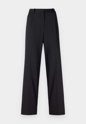Pantaloni negri cu croială largă, dintr-un material neted, având talie înaltă, față pliată și bucle pentru curea. Design curat, bine croit.