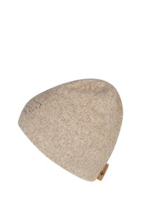 Beige woolen beret with subtle texture, featuring a small embroidered bear and a tan branded tag on the edge.