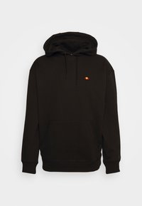 Sudadera negra de tejido suave, con un bolsillo frontal, puños acanalados y un logo multicolor bordado en el pecho.