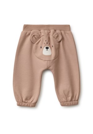 Weiche braune Babyhosen mit elastischem Bund und Bündchen, mit 3D-Bärenkopf und Ohren in der Rückenmitte.