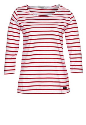 Chemise blanche à manches longues avec des rayures horizontales rouges et un col rond, avec une petite étiquette de marque noire près de l'ourlet.