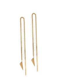 Boucles d'oreilles dorées avec des chaînes allongées, présentant des formes de pendentifs géométriques : un triangle et une barre allongée. Finition métallique lisse.