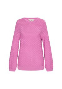 Rosa gestrickter Pullover mit einem strukturierten, diamantförmigen Muster. Mit langen Ärmeln und rundem Ausschnitt. Weicher Stoff mit gerippten Bündchen und Saum.