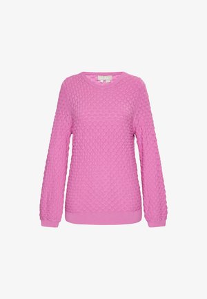 Rožinė megzta palaidinė su tekstūruotu deimanto raštu. Ilgos rankovės ir apvalus kaklas. Minkšta medžiaga su raukšlėtomis rankovių ir apačios detalėmis.