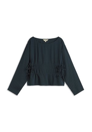 Donkergroen, langärmige top met een relaxed fit, voorzien van horizontale strepen en geplooide zijkanten met strikjes voor een verstelbare taille.