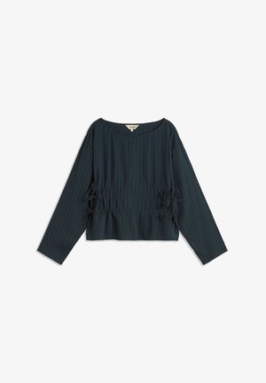 Dark green, long-sleeve top with a relaxed fit, featuring horizontal stripes and gathered sides with ties for adjustable waistline.