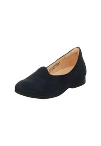 Bailarinas de ante azul marino con punta redonda, pequeño tacón negro y forro interior suave. Diseño simple, sin patrones visibles ni herrajes.