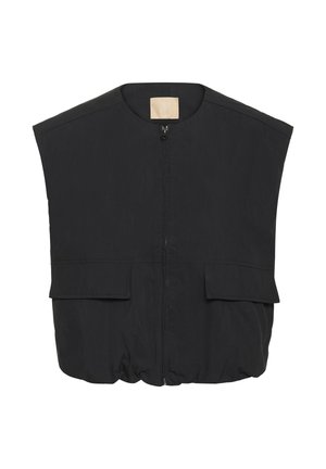 Vest negru fără mâneci, cu fermoar în față, două buzunare cu clapetă, decolteu rotund și tiv ușor gathered.