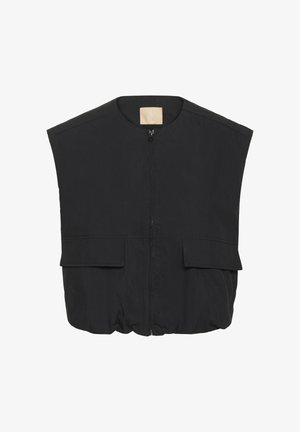 Gilet senza maniche nero con chiusura frontale a zip, due tasche a toppa, scollatura a girocollo e orlo leggermente arricciato.