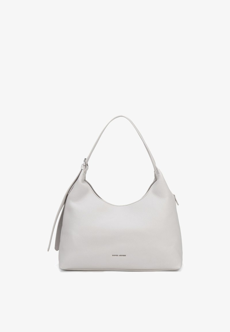 Sac à épaule en cuir blanc avec une sangle unique et un tiret de fermeture éclair argenté, design minimaliste avec un petit logo métallique au centre avant.