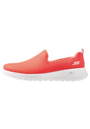 Coral slip-on sneaker with breathable mesh upper, white cushioned sole, pull tab at heel, and small logo on side and sole.