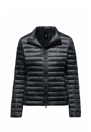 Zwarte lichtgewicht gewatteerde donsjas met lange mouwen, opstaande kraag en ritssluiting aan de voorkant.