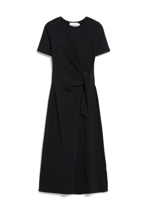Black knee-length dress with short sleeves, featuring a tie detail at the waist and a smooth, soft fabric texture.