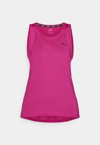 Rosa ärmlös sporttopp gjord av ett lätt och slätt material. Har en svart märkeskrage och en diskret svart logotyp på framsidan.