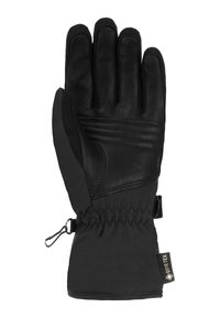 Schwarze Handschuhe mit einer Lederhandfläche und einem Textiloberteil, verstellbarem Bündchen mit Elastik und einem GORE-TEX-Schild für wasserdichten Schutz.