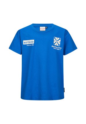 Maglietta blu a maniche corte con il testo "worldwide Driven since 1989" e "Good Vibes Crew Retour Jeans" con loghi sul petto.