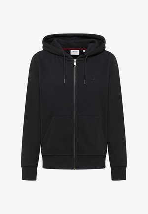 Hanorac negru cu fermoar, realizat dintr-un material moale. Are două buzunare frontale, glugă cu șnur și un mic logo pe piept.