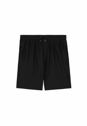 Czarne krótkie spodenki do kolan z elastycznym pasem i regulowanym ściągaczem, z bocznymi kieszeniami i prostym krojem nogawek.