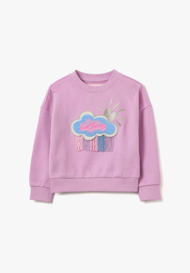 Felpa viola con design di nuvole ricamato, caratterizzata da frange rosa e blu, dettagli di sole argentato e la scritta "Love Today".