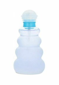 Transparent plastflaska med ribbat mönster, avsmalnande form och blå accent vid halsen. Slät yta, med en sfärisk kork.