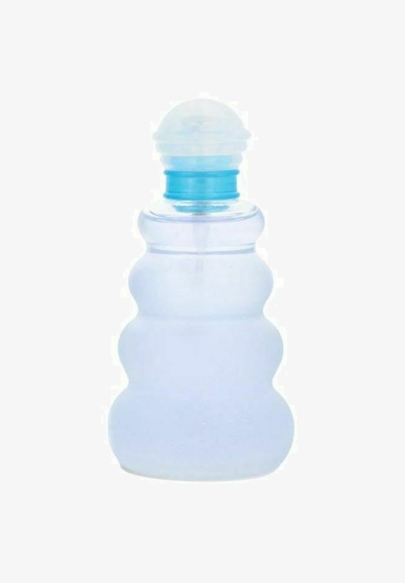 Transparent plastflaska med ribbat mönster, avsmalnande form och blå accent vid halsen. Slät yta, med en sfärisk kork.