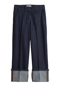 Pantalons en denim foncé à coupe ample, avec un revers en denim plus clair et des détails de couture contrastants. Deux poches avant incluses.